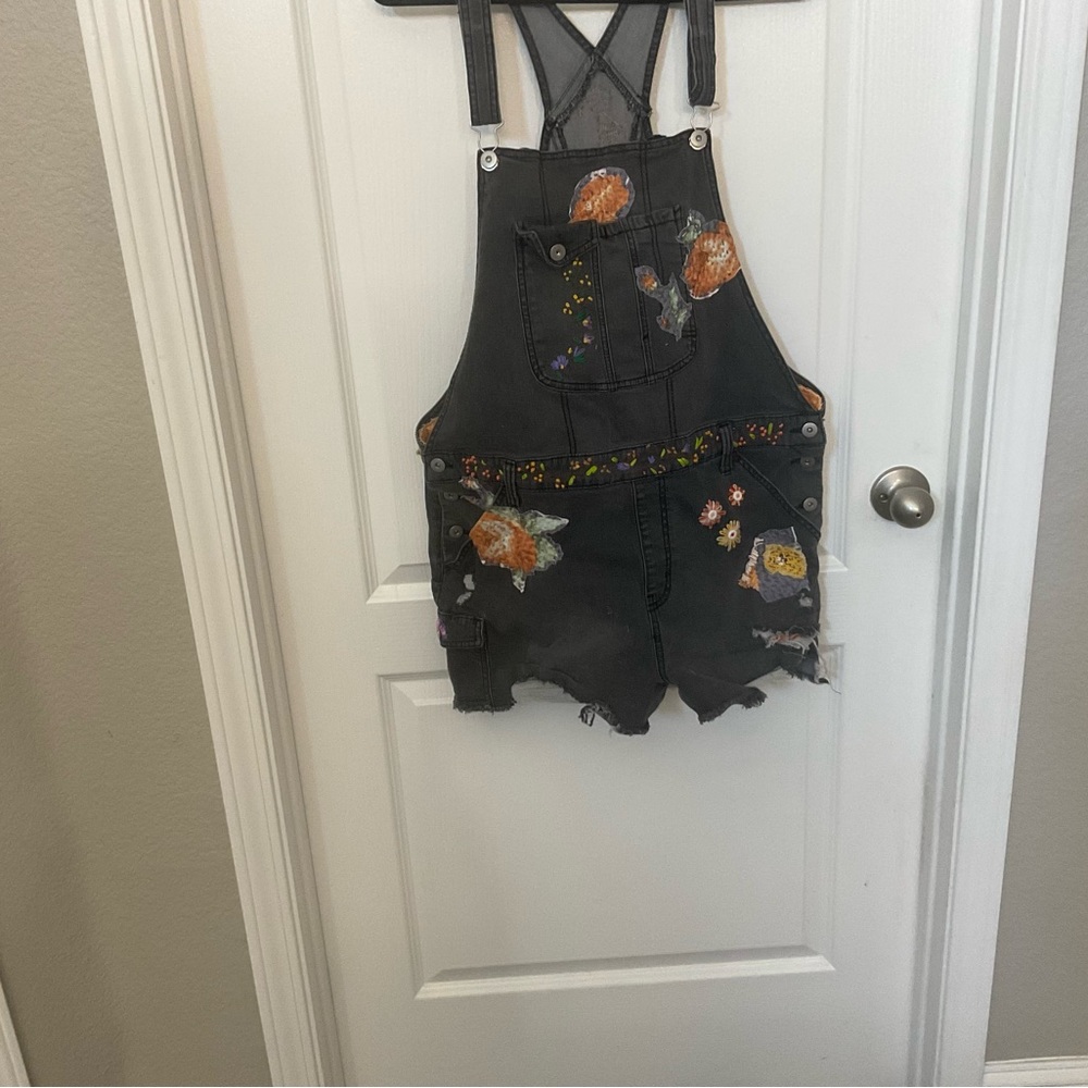 Artisan, one-of-a-kind overalls, boho hippie chic handmade embellished shorts